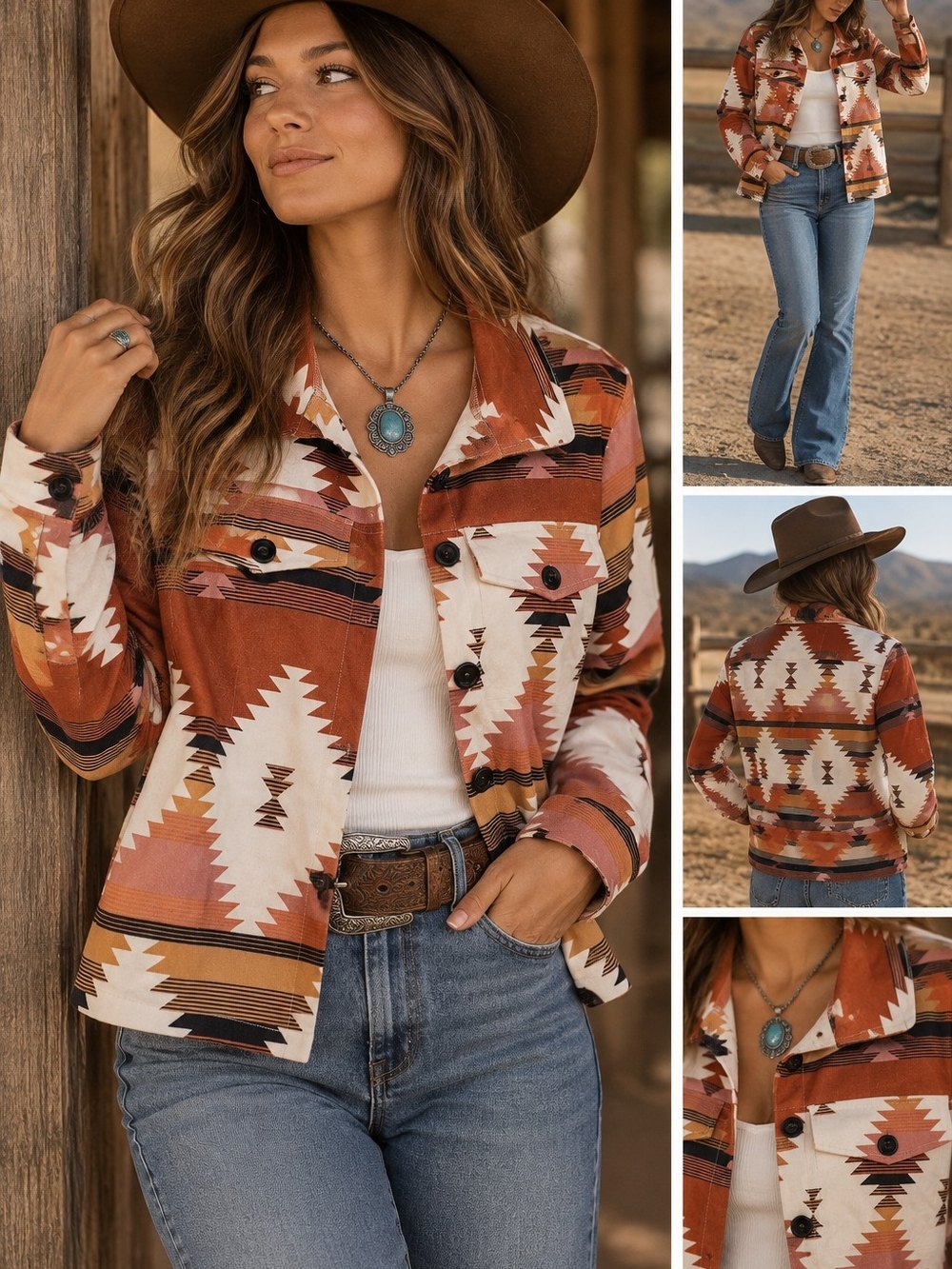 SHEIN Rust Cream Aztec Print Button-Down Shirt Jacket